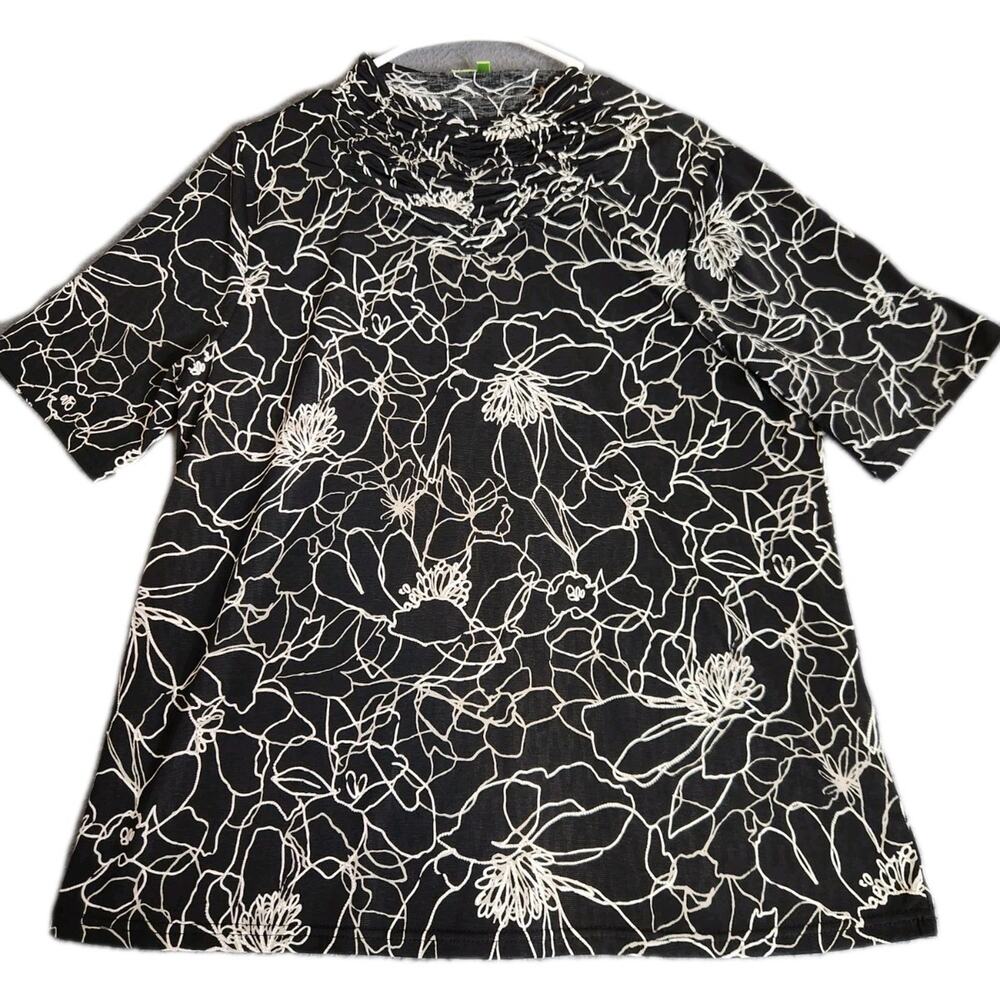 Trisha Tyler Womens Stretch Black Floral Top Shirt Multicolor Smocked Neck PXL